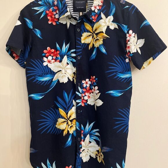Denim & Flower Button Down Shirt - Picture 1 of 6